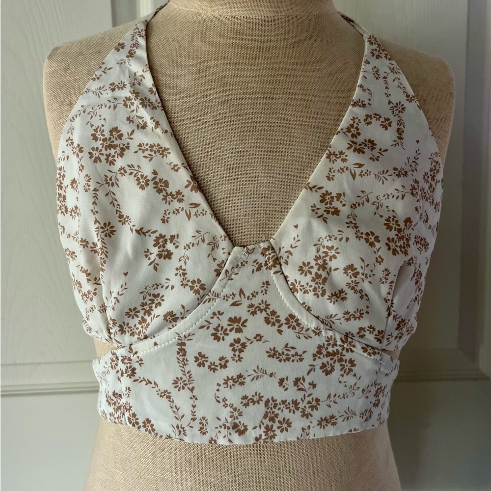 Pacsun White and Brown Tie Back Crop Top